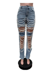 Faux Pearl Chain Hollow Out Denim Jeans