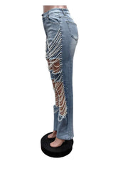 Faux Pearl Chain Hollow Out Denim Jeans