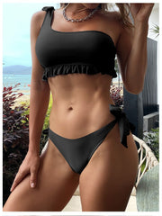 Solid Color One-shoulder Fitted Bikinis