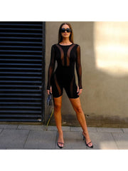 Patchwork See Through Bodycon Long Sleeve Rompers