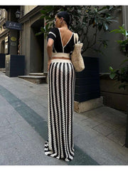 Knitting Batwing Sleeve Cropped Striped Skirt Sets