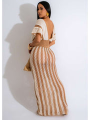 Knitting Batwing Sleeve Cropped Striped Skirt Sets
