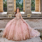 Pink Quinceañera Dress with Applique, Beading & Detachable Tail