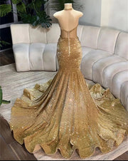 Gold Halter Diamond Sequin Mermaid Prom Dress