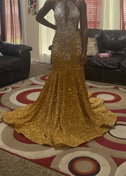 Gold Halter Diamond Sequin Mermaid Prom Dress