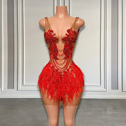 Red Feather See-Through Crystal Dress