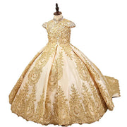Golden Cap Sleeve Flower Girl Pageant Dress