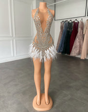 Gorgeous Halter Sleeveless Luxury Beaded Silver Crystals White Feather Cocktail Dresses 2023 Birthday Party Gowns
