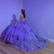 Purple Shiny Puffy Off-Shoulder Quinceañera Dress 2024