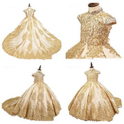 Golden Cap Sleeve Flower Girl Pageant Dress