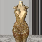 Gold Crystal Tassel Mini Dress