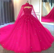 Beaded Lace Ball Gown with Cape