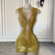 New Arrival Gold Sheer Beaded Mini Prom Dress 2024