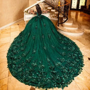 Emerald Green Glitter Quinceañera Dress with 3D Flowers & Pearls