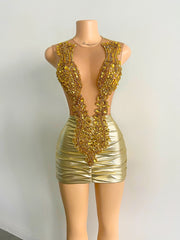 New Arrival Black & Gold Sheer Beaded Mini Prom Dress 2024