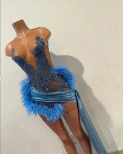 Sparkly Sky Blue Feather Cocktail Dress