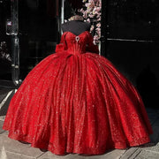 Luxury Red Glitter Off-Shoulder Quinceañera Dress with Bow