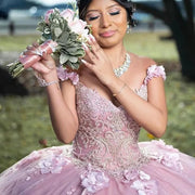 Pink Ball Gown Quinceañera Dress with 3D Flowers