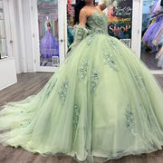 Sage Green Sweet 16 Quinceañera Ball Gowns with Beads and Feathers