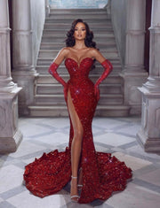 Red Sequin Prom Dresses With Gloves Sweetheart Luxury Gowns High Slit Formal Occasion Dress Middle East Birthday Gown robe