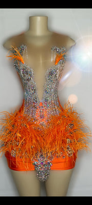 Fuchsia Orange Feathered Mini Dress