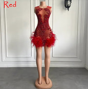 Stunning Sparkly Luxury Diamond Women Birthday Party Cocktail Gowns Sexy Sheer Pink Feather Mini Short Prom Dresses 2023