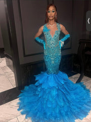 Opulent Elegance: Crystal-Adorned Aqua Feather Prom Dresses 2024