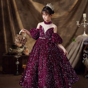 Wine Red Sequin Flower Girl Mermaid Dress: Long Puffy Formal