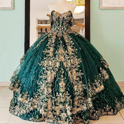 Emerald Green Quinceañera Ball Gown with Gold Applique Bow