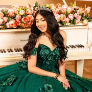 Emerald Green Glitter Quinceañera Dress with 3D Flowers & Pearls