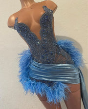 Sparkly Sky Blue Feather Cocktail Dress