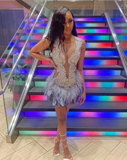 Glamorous Silver Feather Cocktail Dress