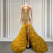 2024 Gold Ruffle Slit Prom Dress: Luxury Mermaid