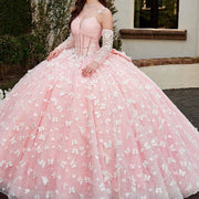 Pink Shiny Butterfly Bow Quinceañera Ball Gown