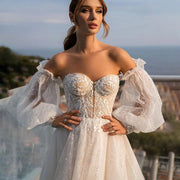 Shiny Sweetheart Puff Sleeve A-Line Wedding Dress 2024