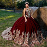 Luxury Crystal Burgundy Quinceañera Dress with Velvet Lace Applique