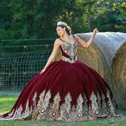 Luxury Crystal Burgundy Quinceañera Dress with Velvet Lace Applique