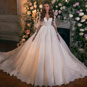Lhuillier V-Neck Lace Ball Gown Wedding Dress