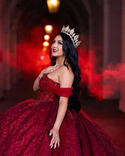 Luxury Burgundy Off-Shoulder Quinceanera Dress with Lace and Ruffles