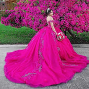 Fuchsia Off-Shoulder Quinceañera Dress with Beading
