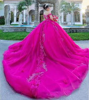 Fuchsia Off-Shoulder Quinceañera Dress with Beading