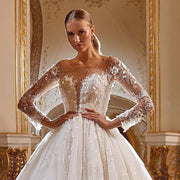 Luxury Beaded Long Sleeve Lace Princess Bride Ball Gown