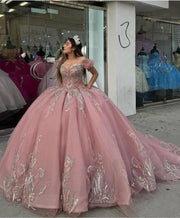 Pink Off-Shoulder Beaded Quinceañera Ball Gown with Lace Appliques