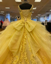 Charro Yellow Quinceañera Dress: V-Neck, Lace Applique & Crystal
