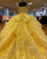 Charro Yellow Quinceañera Dress: V-Neck, Lace Applique & Crystal