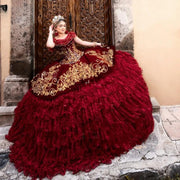 Luxury Lace Burgundy Quinceañera Dress: Embroidery Velvet Charro