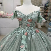 Sage Green Quinceañera Ball Gown with 3D Floral Appliques