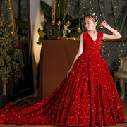 Wine Red Sequin Flower Girl Mermaid Dress: Long Puffy Formal