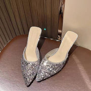 Women's new trend fashion pointy sequin heels French ins stiletto half slippers