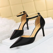 New 8cm Thin High Heels Women Casual Elegant Pointed Toe Satin Buckle Dress Shoes Pumps Hollow Sandals Fashion Spring Summer Autumn